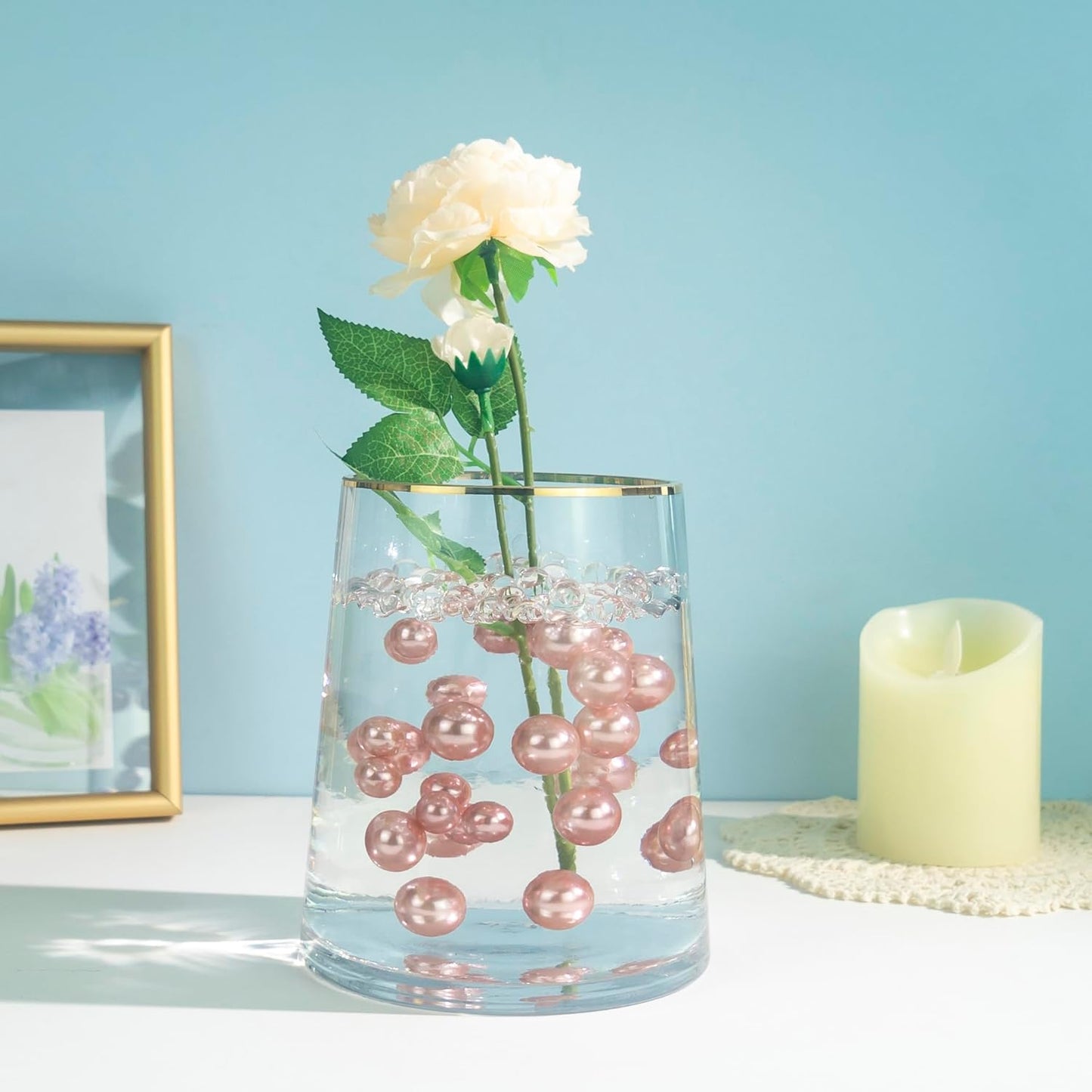 150Pcs Rose Gold Polished No Hole Faux Pearl Beads for Vase Filling Decorations, Plastic Pearls Vase Fillers, Table Scatters, Wedding Centerpiece, Home Decor, 8/14/20 mm