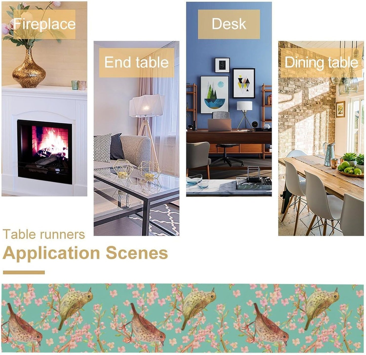 Table Runner with Flowers and Birds, Spring Plant Flowers Table Decoration Linen Table Runner Family Party Party Decorations 13x60 Inches