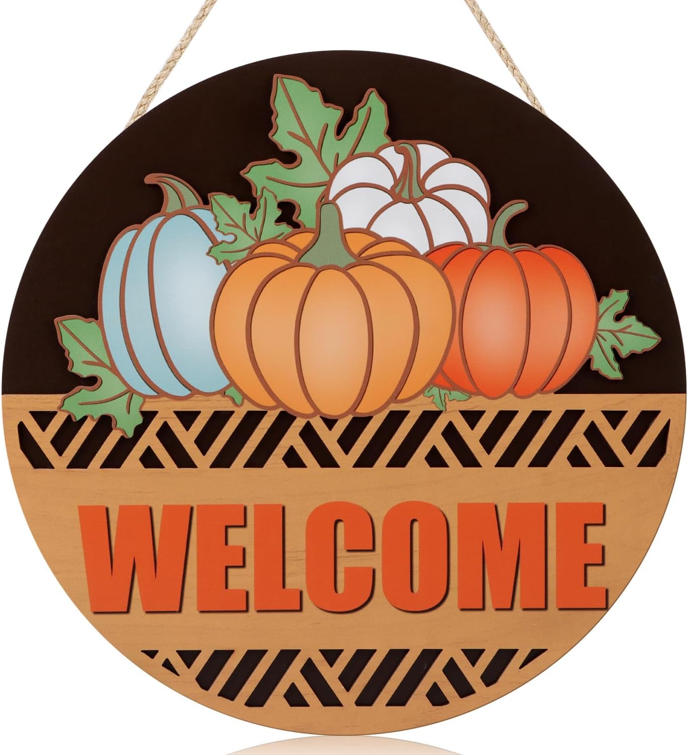 CHDITB Fall Pumpkin Welcome Front Door Sign Wreath(12"x12"), Wooden 3D Hello Fall Autumn Decoration Wall Hanging, Farmhouse Vintage Welcome Home Decor Hanger for Porch Indoor Thanksgiving