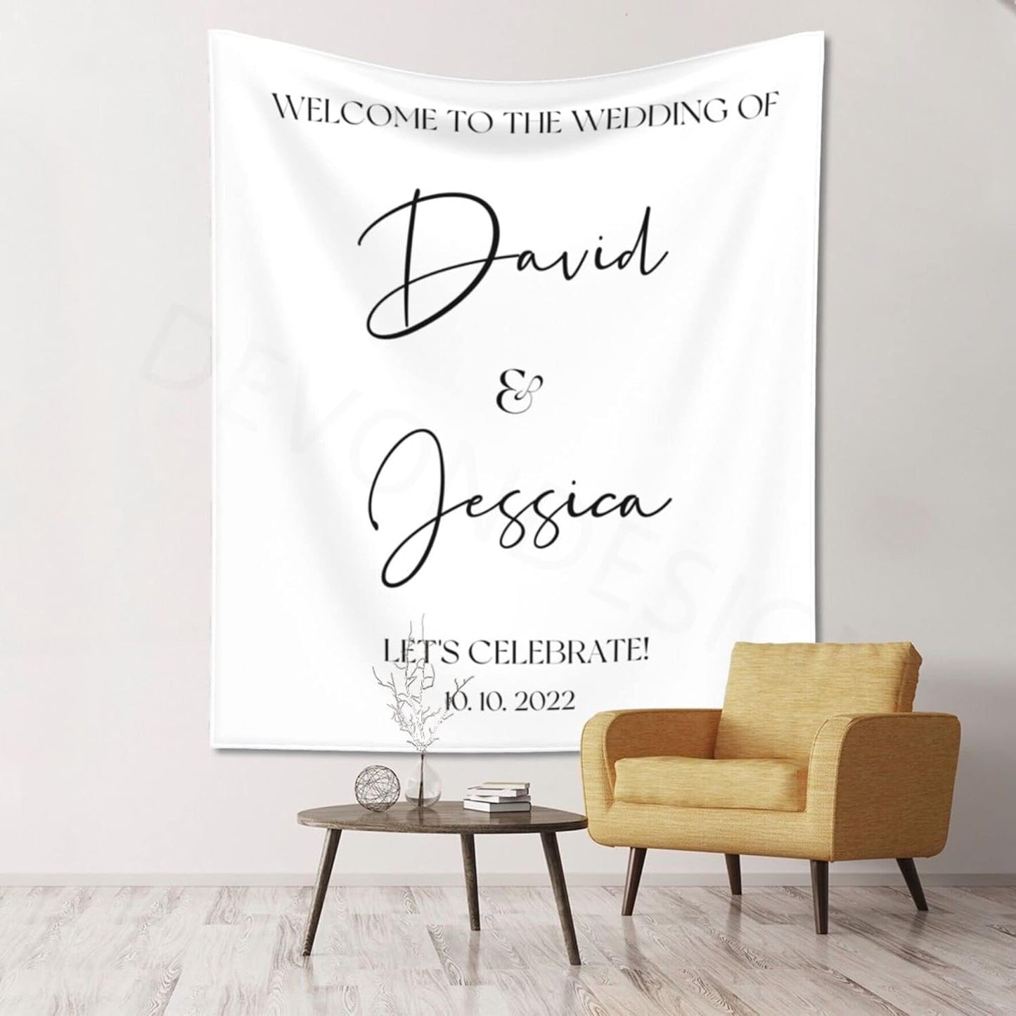 Welcome to Our Wedding Backdrop, Custom Tapestry with Names and Date, Rustic Sign, Personalized Calligraphy Banner for Ceremony, Arch, Reception Let's Celebrate Decor