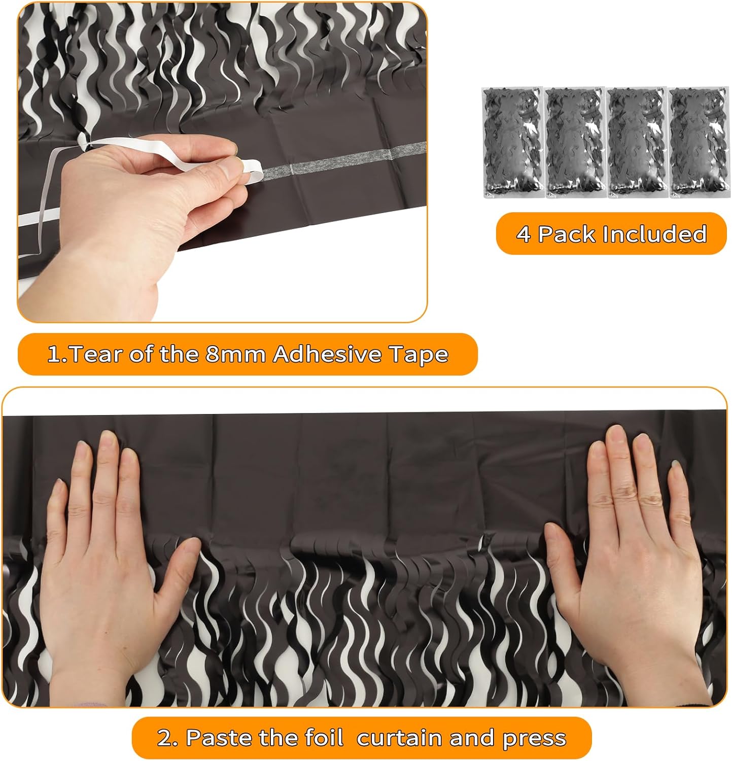 Black Foil Fringe Curtains Party Decorations - 4 Pack 3.3 ft x 6.6 ft Foil Party Curtain Streamer Backdrop for Halloween | Graduation | Fiesta Birthday Decor