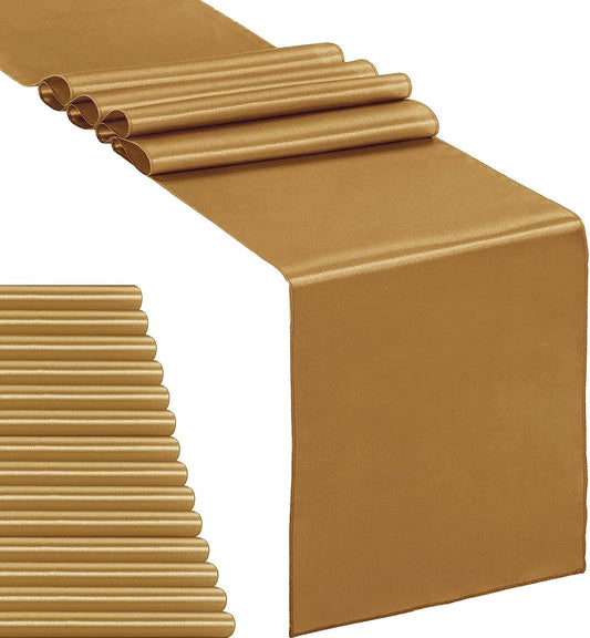 15-Pack Satin Table Runner Old Gold 12 x 108 inches Long, Table Runners for Wedding, Birthday Parties, Banquets Decorations（15 Pack, 12x108 Inch, Old Gold）