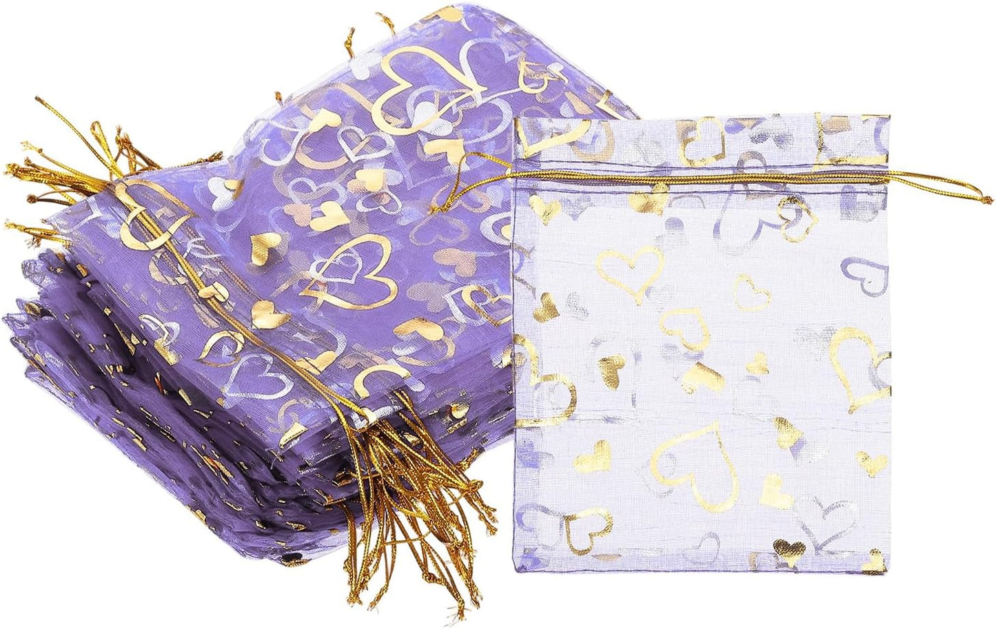 PATIKIL 100 Pcs 5x7 Inch Heart Printed Organza Bags, Purple Sheer Heart Organza Bags with Drawstring for Christmas Candy Jewelry Party Wedding Favor Gift