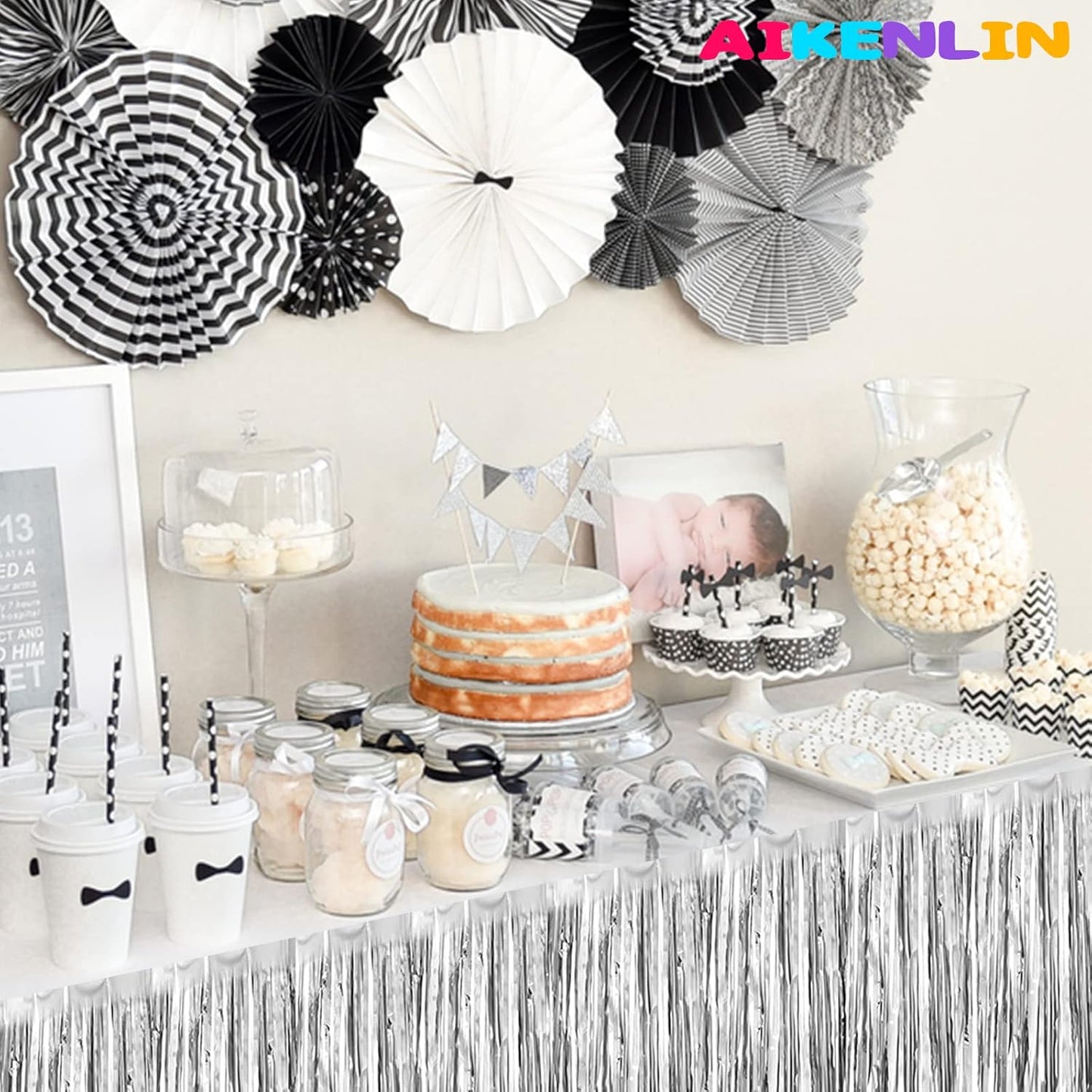 6 Pack 29x108 Inch Metallic Foil Fringe Tinsel Table Skirts Banner for Rectangle Tables Streamer Garland Curtains Backdrop for Wedding, Birthday, Parade Floats, Christmas Party Decoration(Silver)