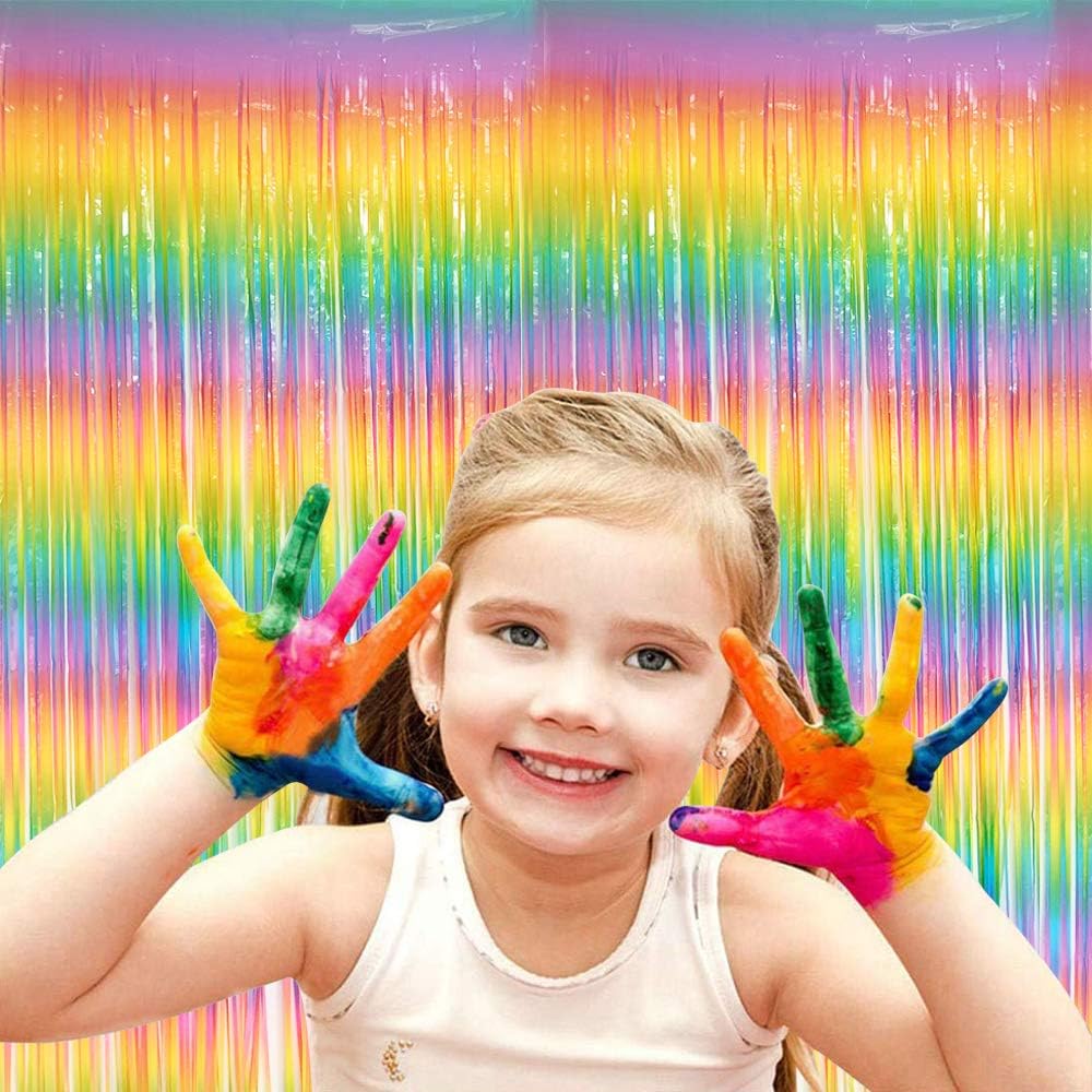 BEISHIDA 2 Pack Light Rainbow Foil Fringe Curtain Assorted Colorful Tinsel Metallic Curtains Photo Backdrop for Birthday Party Wedding Engagement Bridal Shower (3.28 x 6.56 ft)
