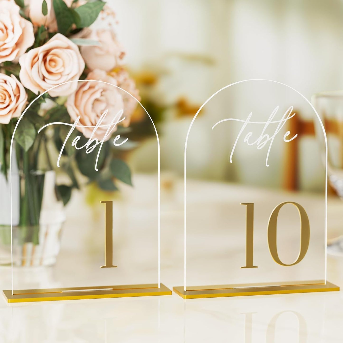 Arch Wedding Table Numbers 1-10 with Stands, Elegant Gold Number 5.5 x 7” Arch Acrylic Signs with Holders, Clear Acrylic Table Numbers for Wedding Reception, Anniversary, Party, Events