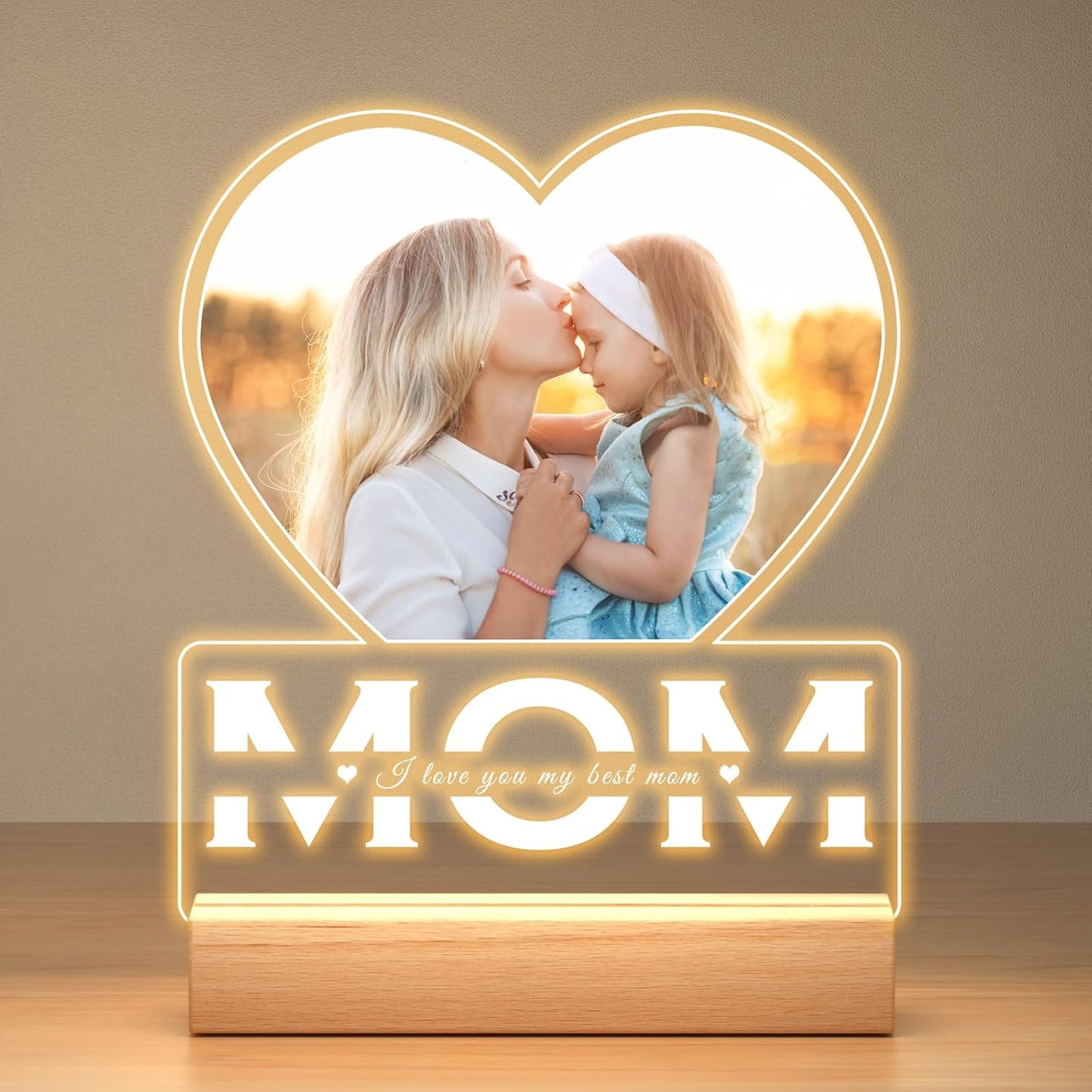 Personalized Gifts for Mom from Daughter and Son, Custom Picture Frames with Photo, Custom Photo Frame with Night Light, Customized Heart Picture Frame, Personalized Mom Birthday Gifts