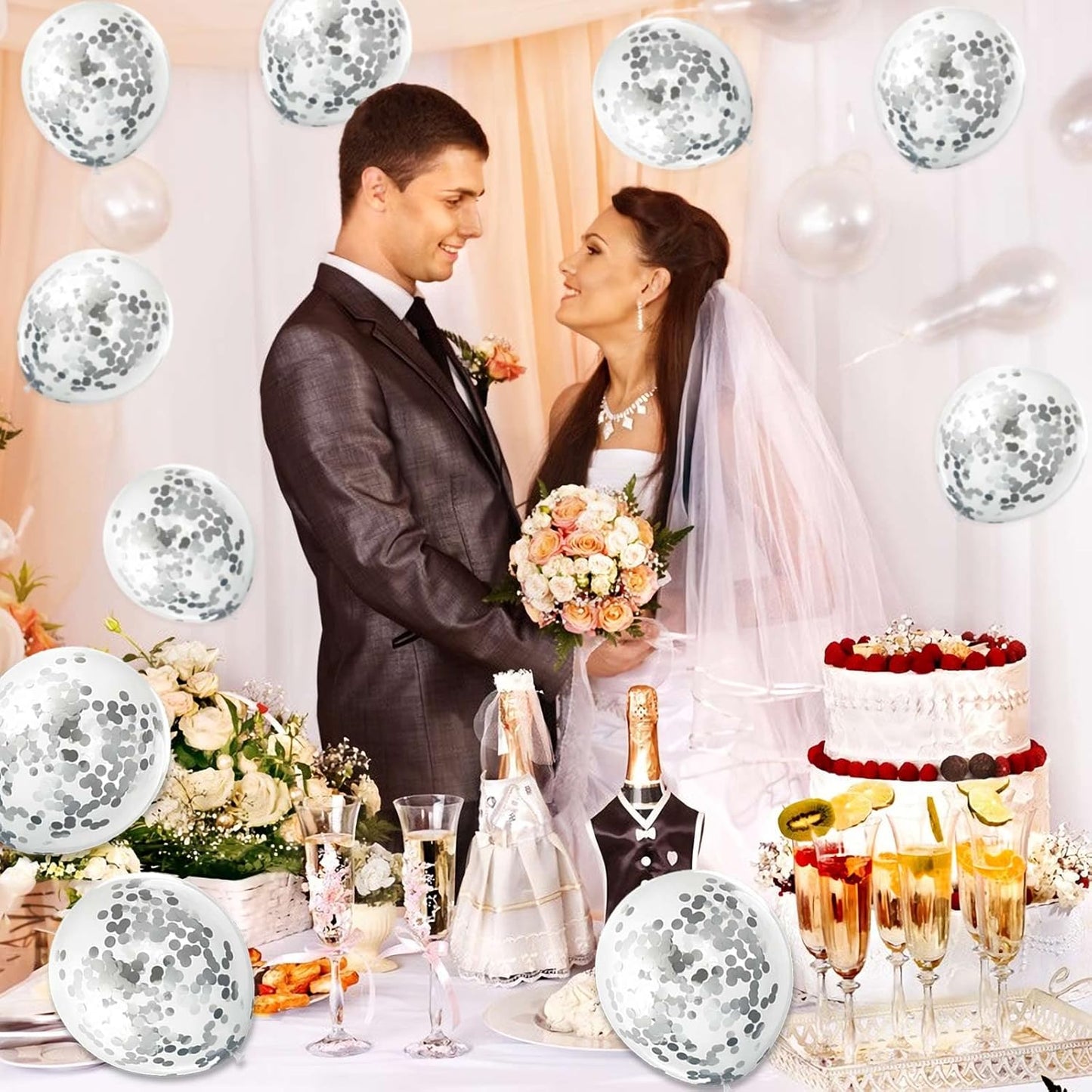 Silver Confetti Balloons, 25 Pcs Thickened 12 Inch Clear Latex Balloon with Confetti Inside for Graduation Decorations Engagement Bridal Shower Party Baby Shower Birthday Party Decoration Supplies