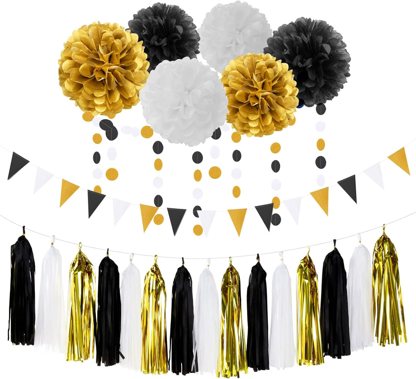 Black Gold Graduation Party Decorations - 23pcs Kits Farewell Tissue Pom Poms Flowers,Streamers Banner,Tassel Garland 50th Men Birthday Bachelorette Baby Shower Decoration Bunting Lasting Surprise