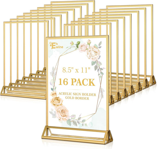 EHWINE 16 Pack Acrylic Sign Holder 8.5 x 11, Double Sided Gold Picture Frame Stand up Table Top Sign Holders, Clear Display Stand Menu Flyer Holder for Wedding Party (Provide Non-slip Mats)