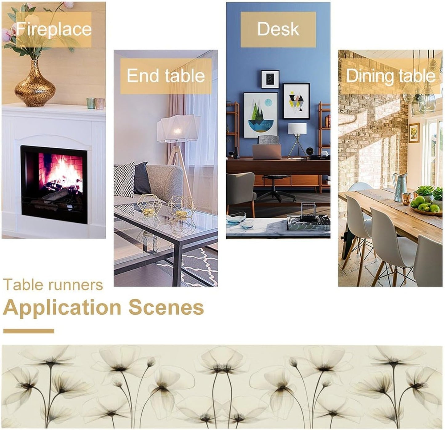 Abstract Floral Table Runner, Watercolor Transparent Beige Poppy Flowers Print Kitchen Dinning Table Runner for Indoor Outdoor Home Wedding Party Holiday, 13x120 Inch