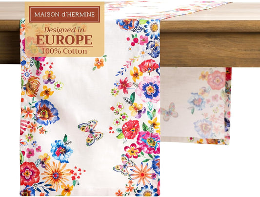 Maison d' Hermine Table Runner 100% Cotton Single Layer Table Runners 108 inches Long Decorative for Home Dining Party Wedding Bridal Shower Spring Summer (Happy Florals - High Summer, 14.50" x 108")