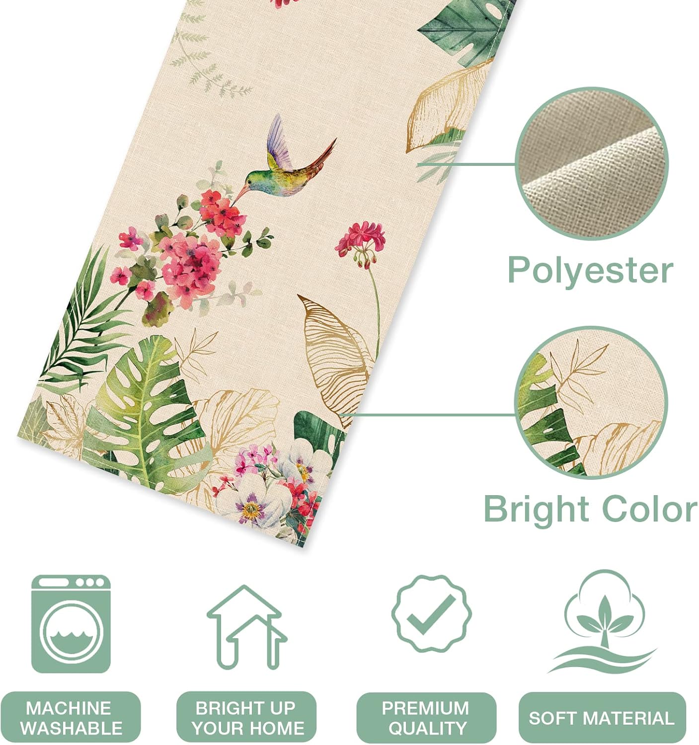 Seliem Summer Tropical Hummingbird Palm Leaf Greenery Table Runner, Spring Birds Home Kitchen Monstera Geranium Flowers Dining Decor, Seasonal Burlap Decorations Anniversary Party Supply 13 x 48 Inch