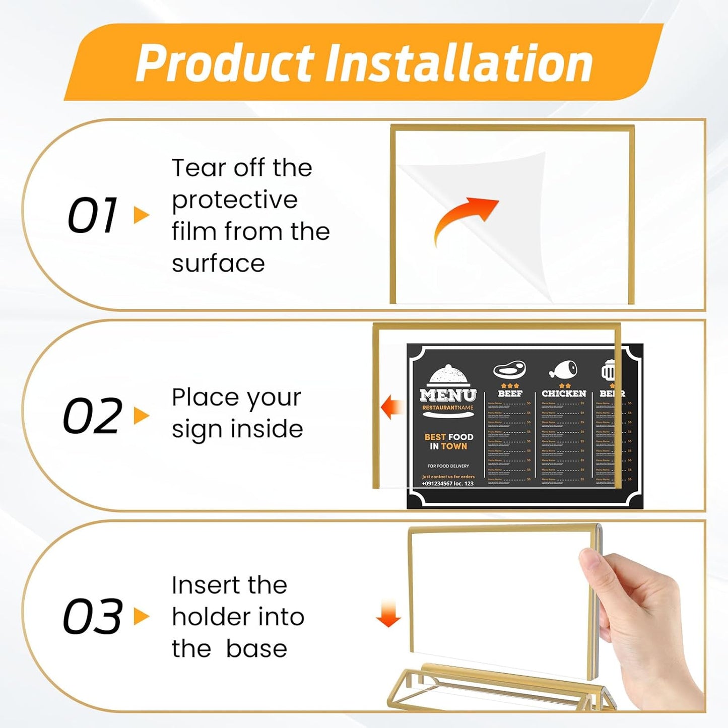Smarpau 7x5 Gold Acrylic Sign Holder, 8 Pack Double Sided Holders Menu Holder for Wedding Party, Picture Frames Stands, Flyer Stand, Paper Display Stand Table Number Holders for Cafe, Restaurant
