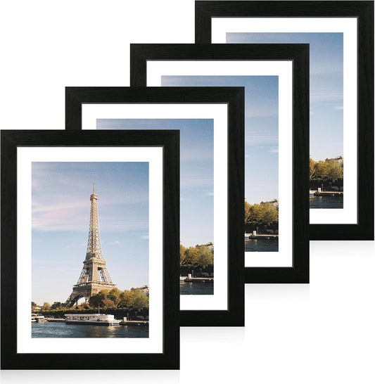10x14 Picture Frame Set of 4 with Tempered Glass, Black Frame Display 8x12 Picture with Mat or 10 x 14 Without Mat, Rustic Wood Photo Frames for Horizontal or Vertical Wall Mounting