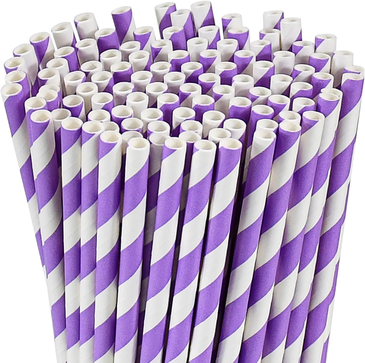 Disposable Purple Striped Party Paper Drinking Straws 100 Counts 7.75'' x 0.24'', Unwrapped, for Cocktail, Coffee, Water
