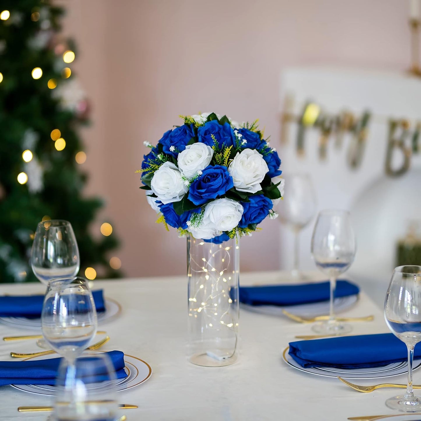 BLOSMON Royal Blue Artificial Flowers: 6 Pcs Fake Roses Flower Ball Centerpieces for Wedding Dinning Table - Faux Silk Kissing Bouquet Floral Arrangement for Home Party Event Decor
