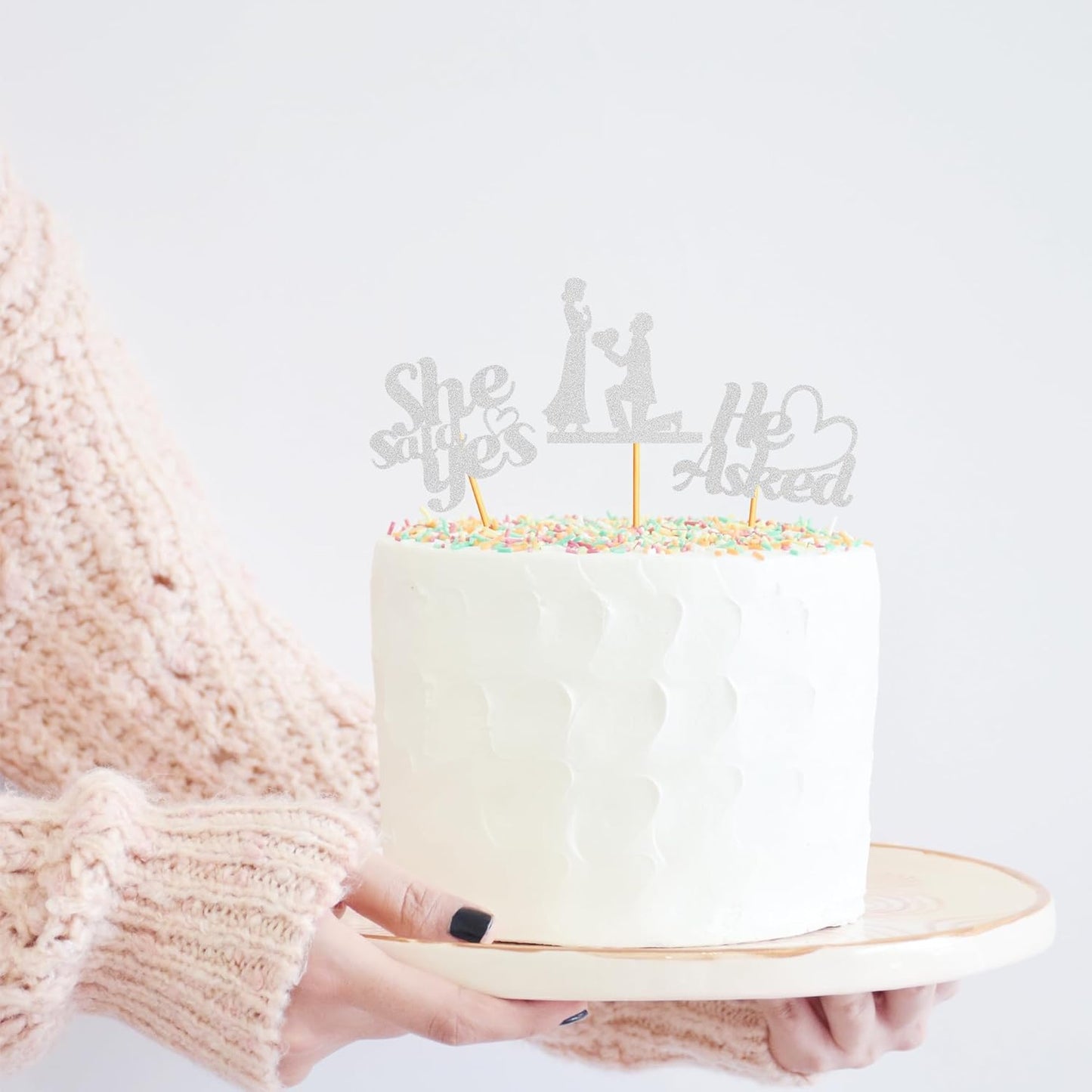 Sotpot 24PCS He Asked She Said Yes Cupcake Toppers With Heart Silver Glitter for Wedding Bridal Shower Wedding Engagement Party Cake Decorations