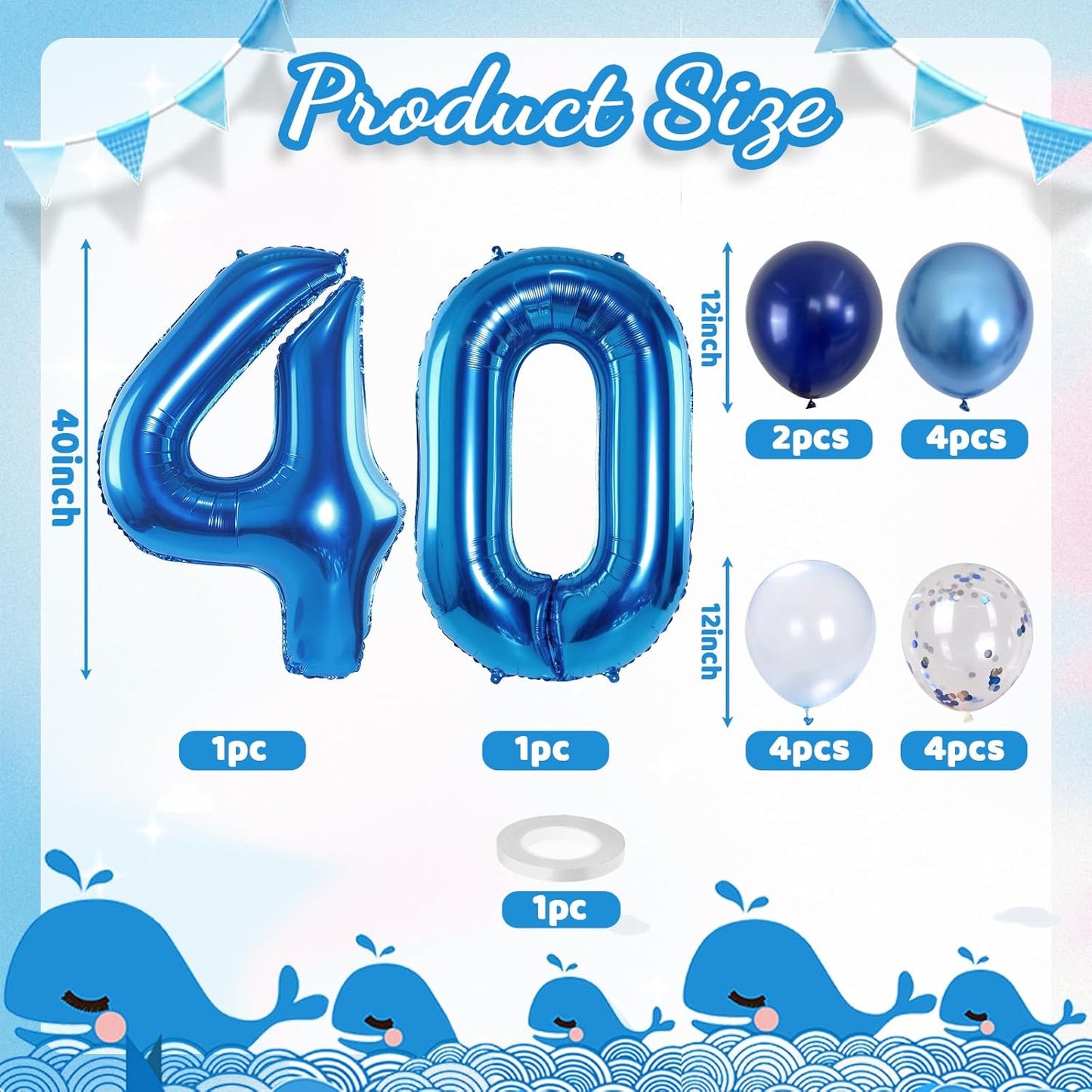 Large Foil Number 40 Balloons, Big Light Navy Blue 40 Helium Balloon with Metallic Silver Confetti Balloon for Men 40th Birthday Party Decor, Mylar Self Inflating 40 Balloon for Graduation Decorations