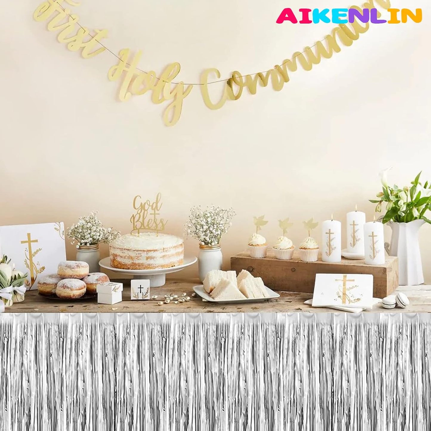 6 Pack 29x108 Inch Metallic Foil Fringe Tinsel Table Skirts Banner for Rectangle Tables Streamer Garland Curtains Backdrop for Wedding, Birthday, Parade Floats, Christmas Party Decoration(Silver)