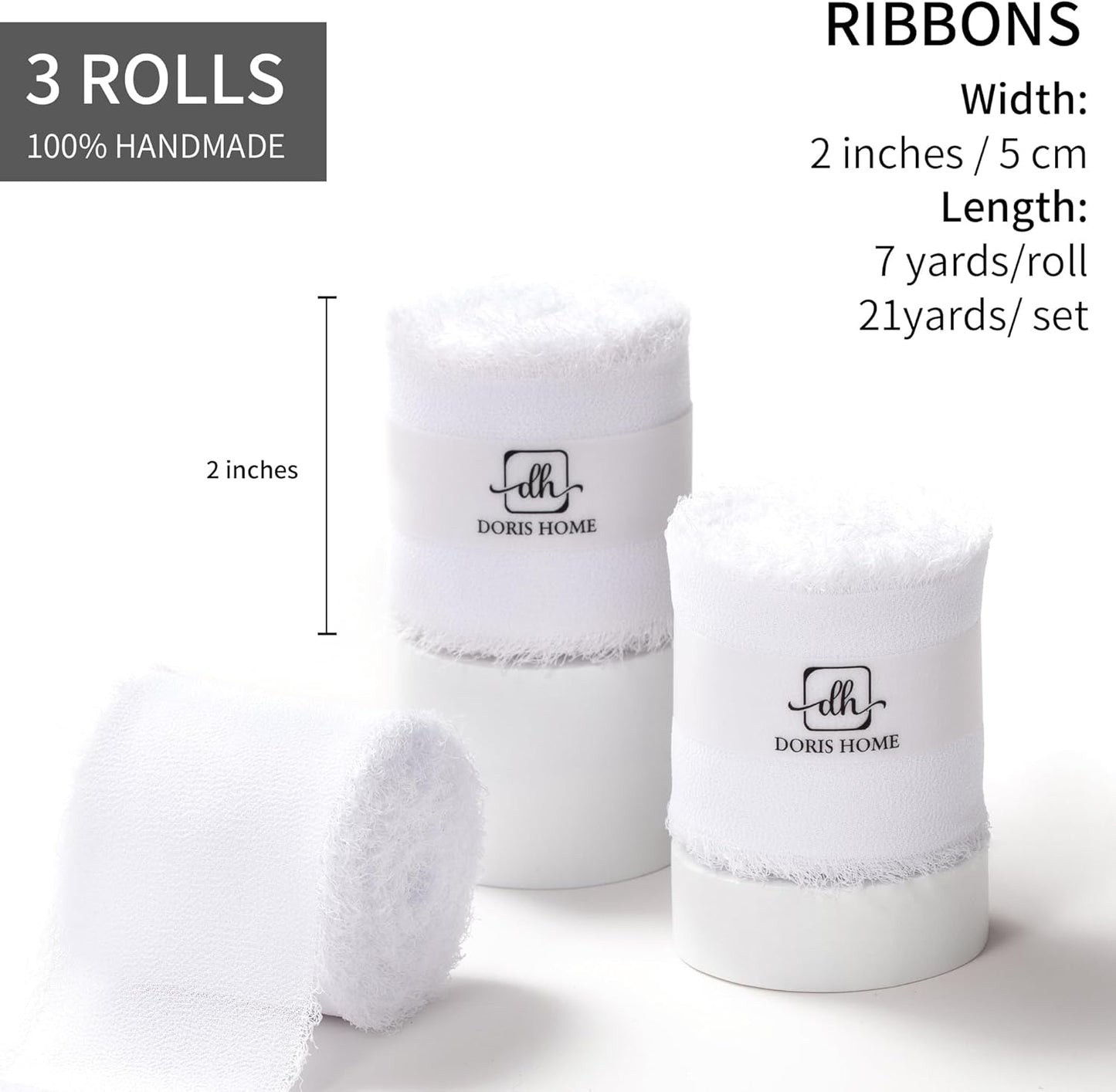 DORIS HOME White Chiffon Ribbon for Flower Bouquet, 2" x21Yd Fabric Ribbon for Gift Wrapping, Handmade Frayed Ribbon for Wedding/Christmas Decorations