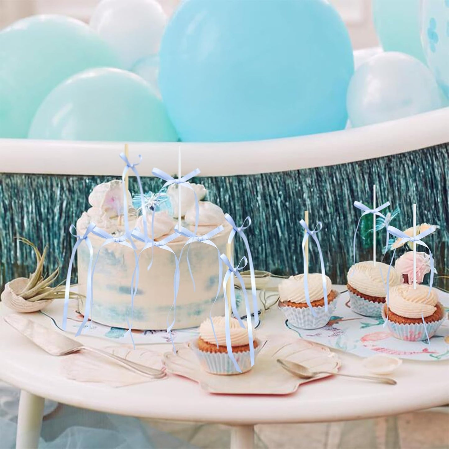 Ephlyn 30Pcs Bow Cupcake Toppers Valentine's Bowknot Ribbons Coquette Bow High Footed Cup Balloon Wall Party Decorations Cake Dessert Picks Birthday Wedding Party Supplies Blue