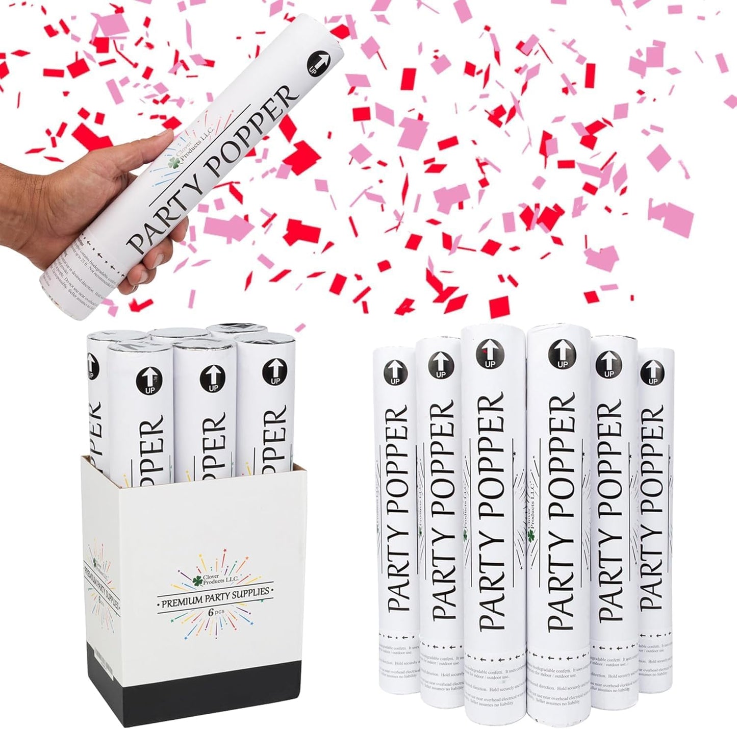 Clover Products 12" Biodegradable Confetti Cannons | 6 Pack | Red & Pink Poppers for Weddings, Birthdays & Events | Air-Powered, Safe & Easy to Use | Shoots 25 Feet for Indoor & Outdoor Celebrations