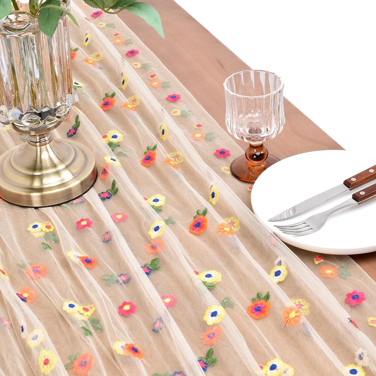 Joanlody Champagne Embroidery Daisy Fall Thanksgiving Table Runner 10ft Florals Seasonal Tulle Table Runner Holiday Kitchen Dining Table Decoration for Home Party Indoor