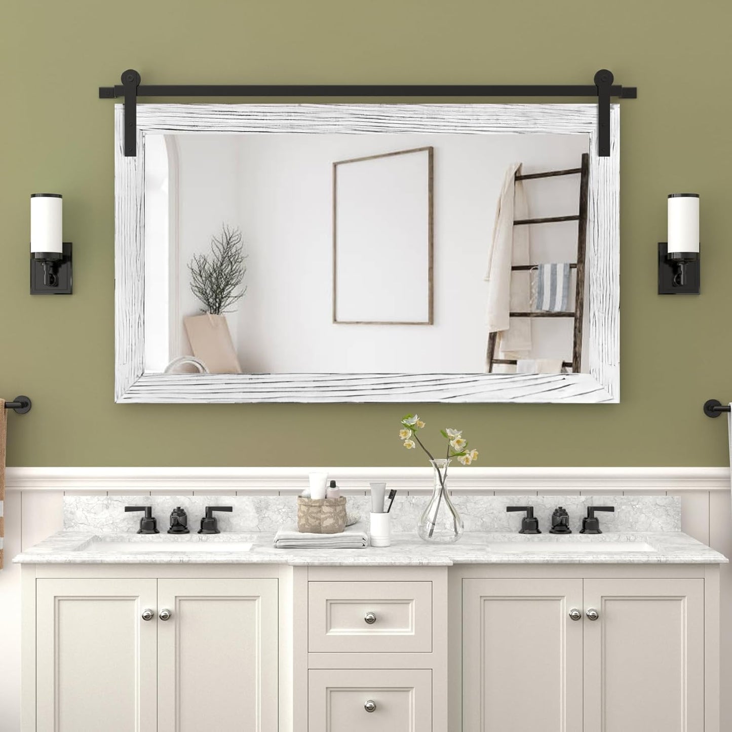COGOOD Farmhouse Bathroom Mirror - 41" x 30" Rustic Barn Door Mirror for Living Room, Entryway, Bedroom, Vanity Wall Decor (White)