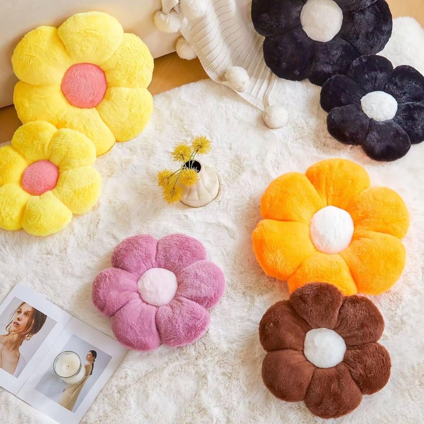 Cute Decorative Orange Flower Shaped Throw Pillow with Faux Rabbit Fur, Soft Plush Pillow, 14.9" Room Decor for Bedroom Living Room