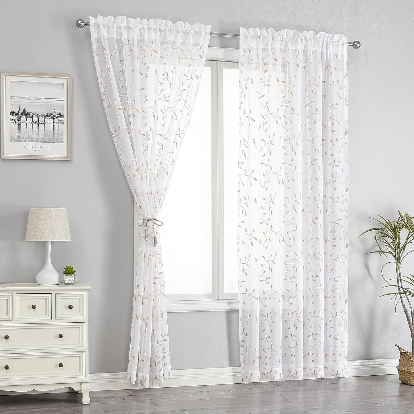 VISIONTEX White Sheer Voile Curtains, Decorative Orange Leaves Embroidery Faux Linen Rod Pocket Window Drapes for Home Kitchen, Living Room and Bedroom 54 x 95 Inch, Set of 2 Curtain Panels