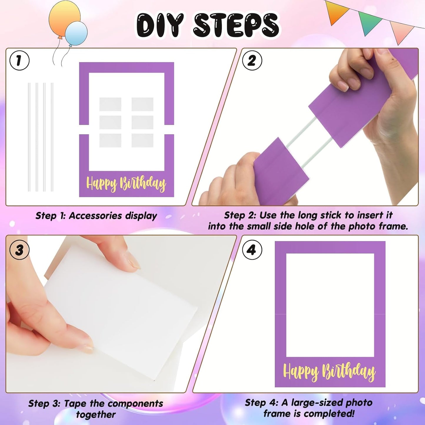 32 x 24 Inch Large Photo Booth Props Picture Frame Happy Birthday Party Frame DIY Cutouts Photo Booth Props Selfie for Party Supplies Favors(Purple Gold,Happy Birthday)