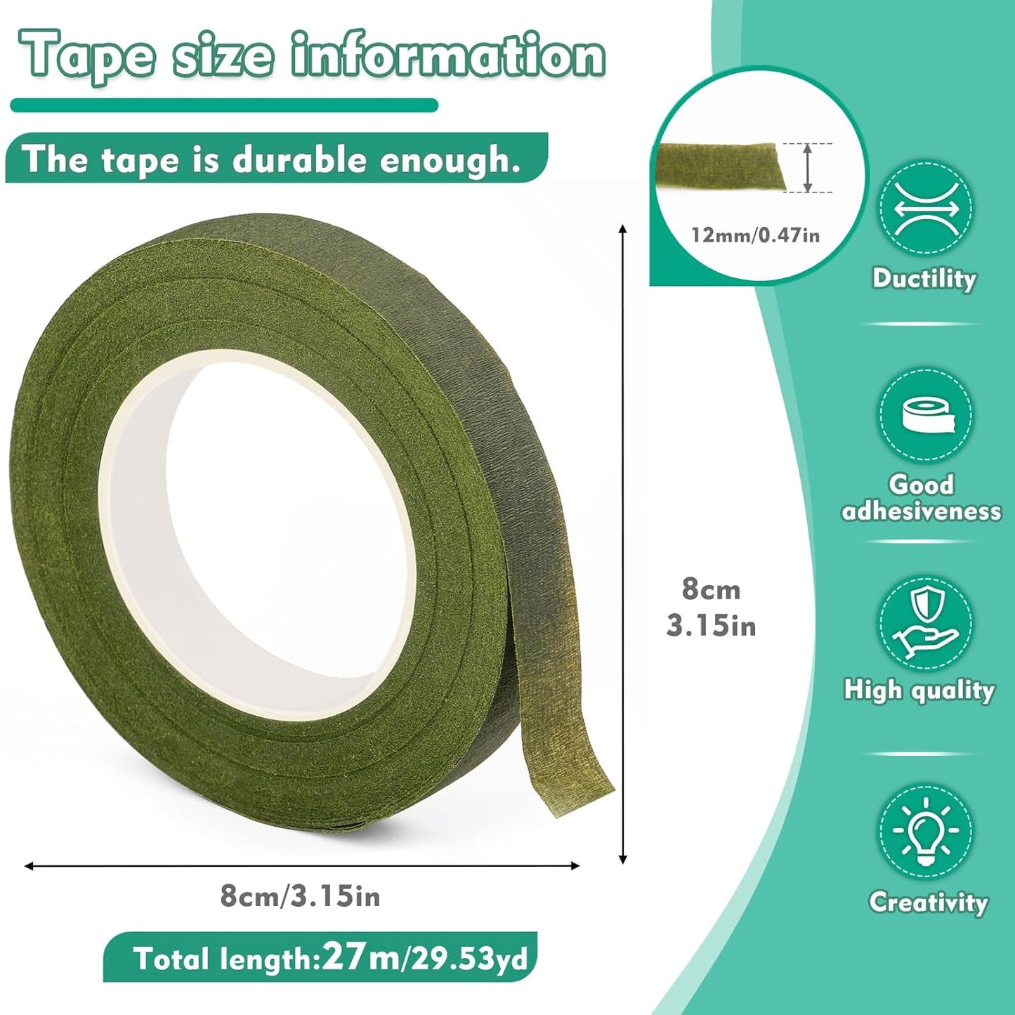 Floral Tape, 1/2inch Flower Tape, Green Flower Tape for Bouquet Stem Wrap Floral Arranging Craft Projects Corsages, Wedding Bouquet
