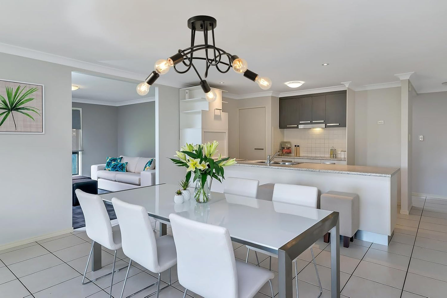 Modern Farmhouse Chandelier,25 Inch Black Metal Spiral Rustic Vintage Semi Flush Mounted Ceiling Light Fixture for Dining Room Bedroom Kitchen Island Hallway Foyer Entryway(5-Light)