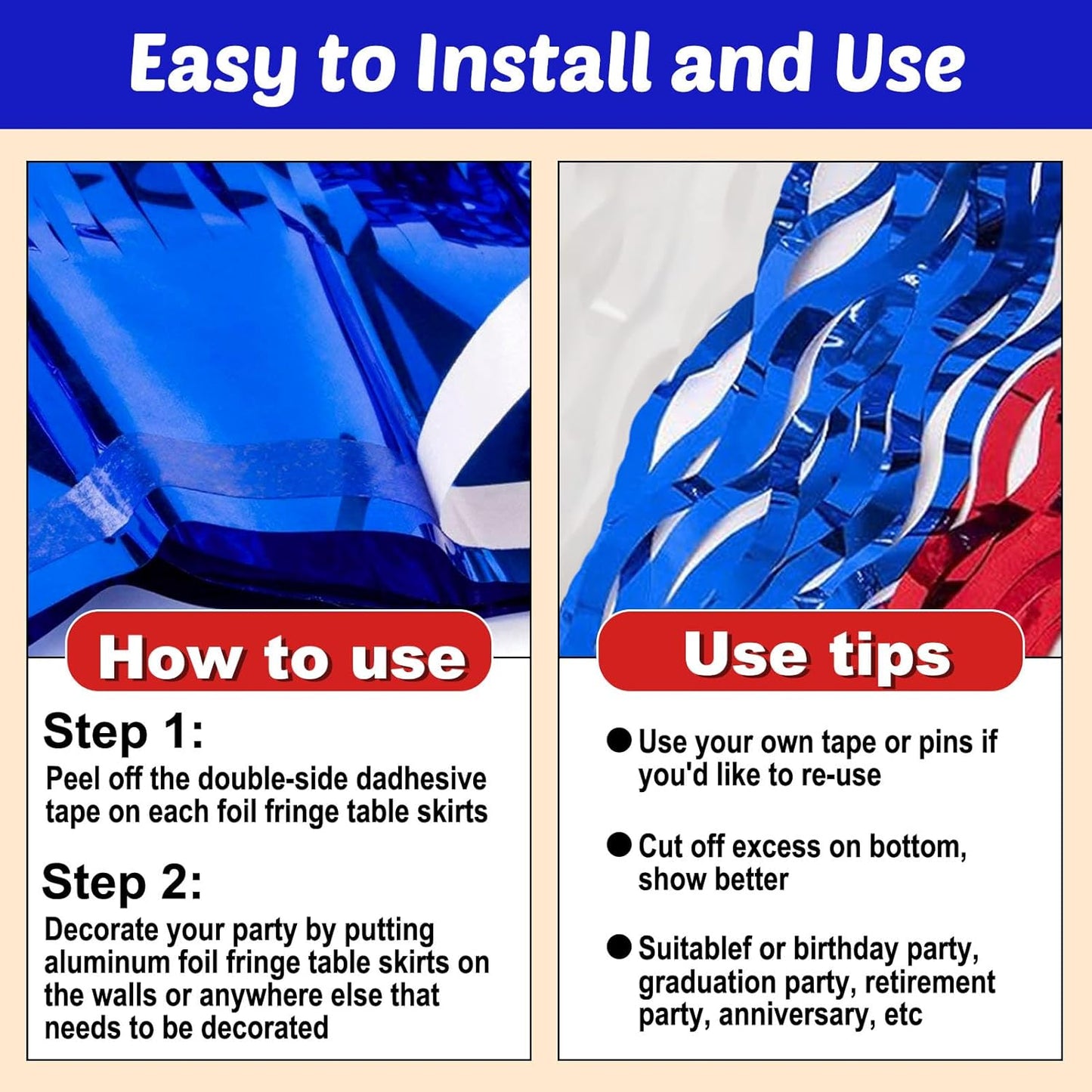 6 Pack 29x108 Inch White Blue Red Wave Foil Fringe Table Skirts Metallic Banner for Tinsel Streamer Garland Backdrop for Parade Floats Wedding, Mother's Day, Birthday Mardi Gras Party Decorations