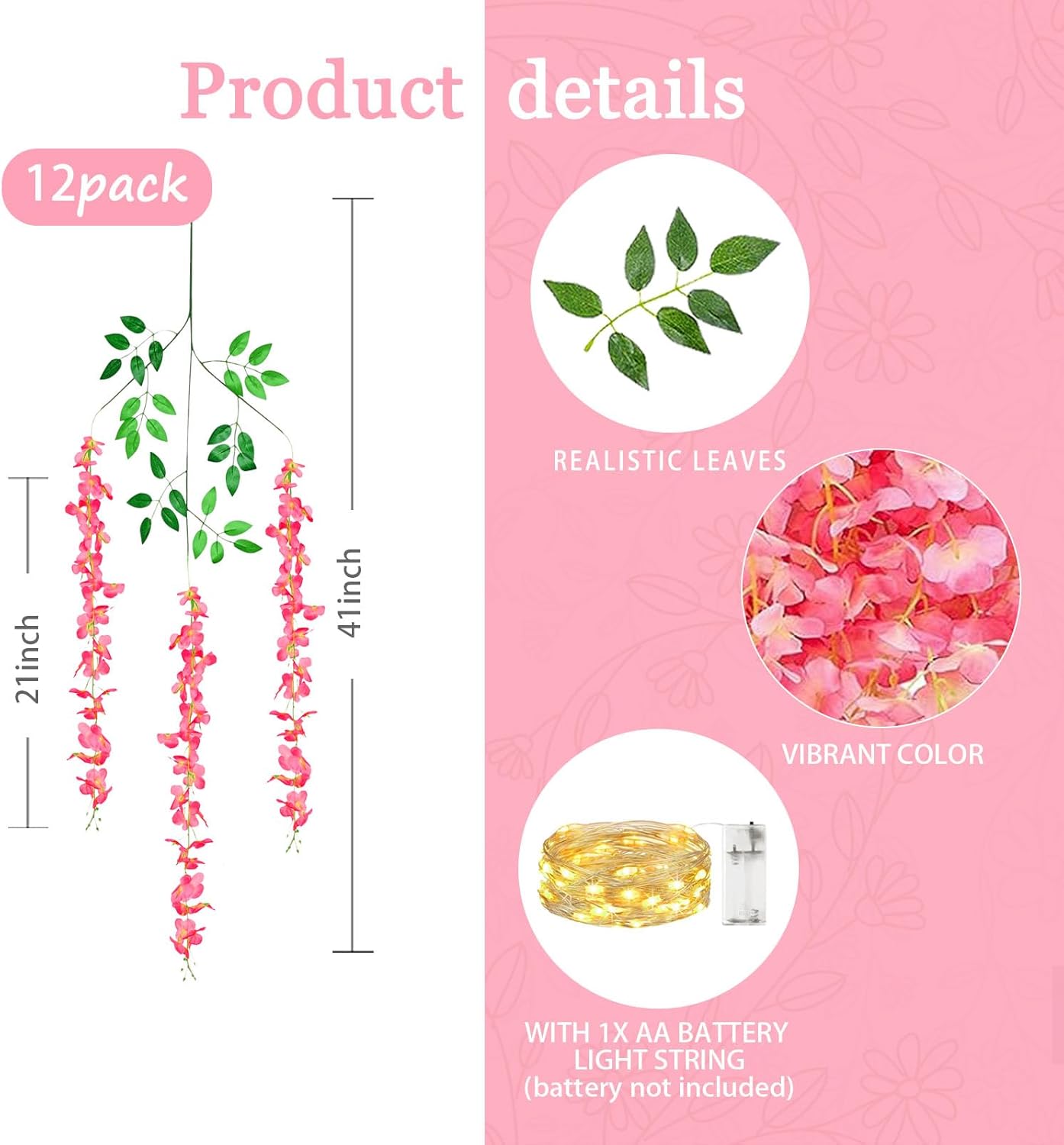 12 Pack Dark Pink Wisteria Hanging Flowers Garland with Lights, 3.44 Feet Artificial Flower Vines, Fake Wisteria, Artificial Vines Hanging Garland for Backdrop Outdoor Patio Garden Decor