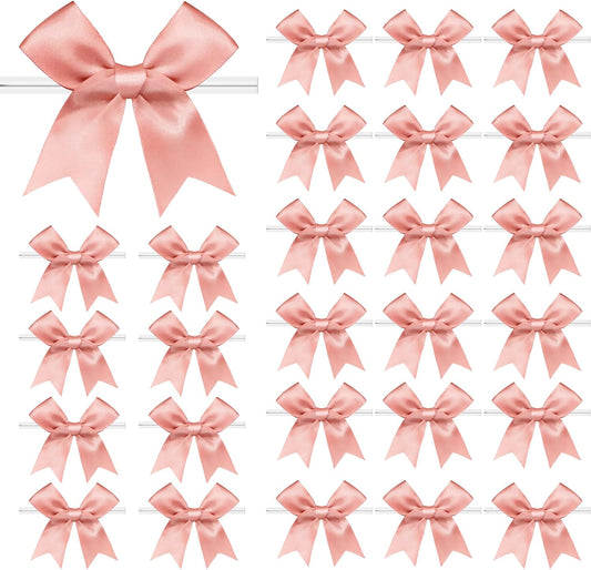 50 PCS Twist Tie Bows Satin Ribbon Bows 3.3 Inch Gift Wrap Bows Craft Bows for Gift Wrapping, Party Decorations Gifts Bag DIY Treat Bags Wedding Decor Baby Shower Christmas (Rose Pink)