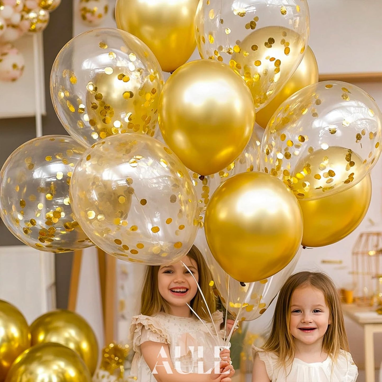 AULE Party Balloons Pack of 42 - Metallic Gold Balloons & Gold Confetti Balloons and 64ft Ribbons - 12 Inch Balloons Decorations Set
