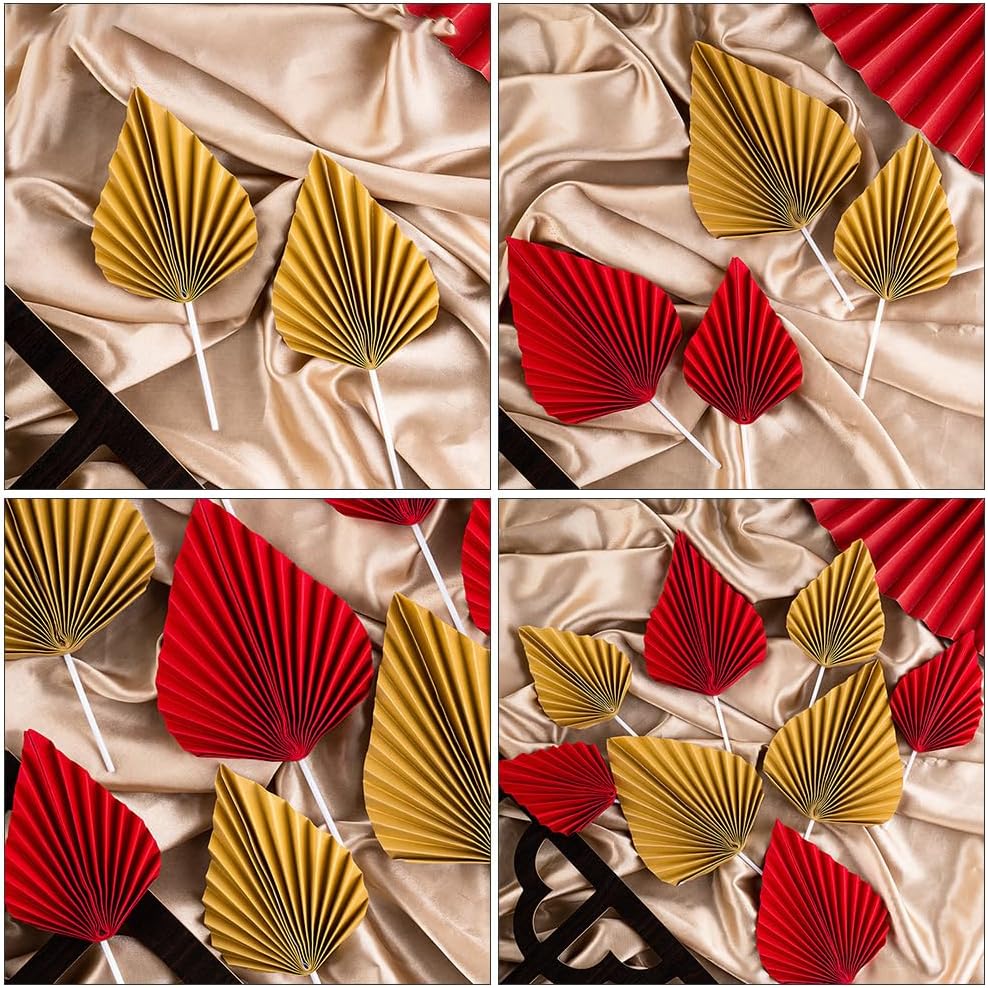16pcs Golden Tree Leaf Folding Fan Cake Toppers - Elegant Boho Cake Decorations for Birthday Party, Wedding, and Anniversary - 4.33 * 1.96 * 0.39inch