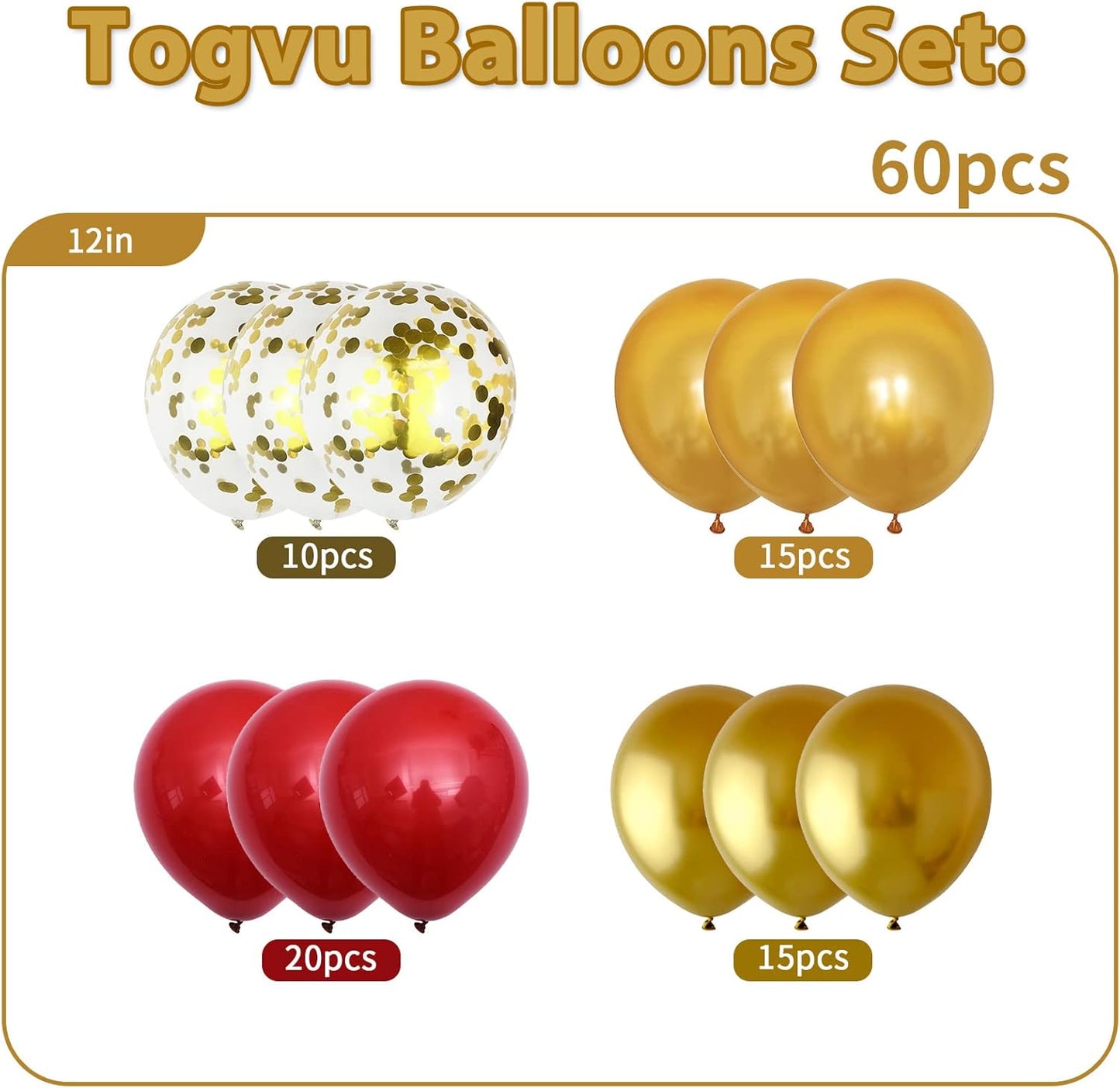 60 Pieces Balloons Red and Gold, 12 Inch Ruby Red Metallic Chrome Gold Pearl Gold Confetti Latex Balloons, Retro Red Gold Party Balloons for Wedding Graduation Birthday Bridal Baby Shower Decoration