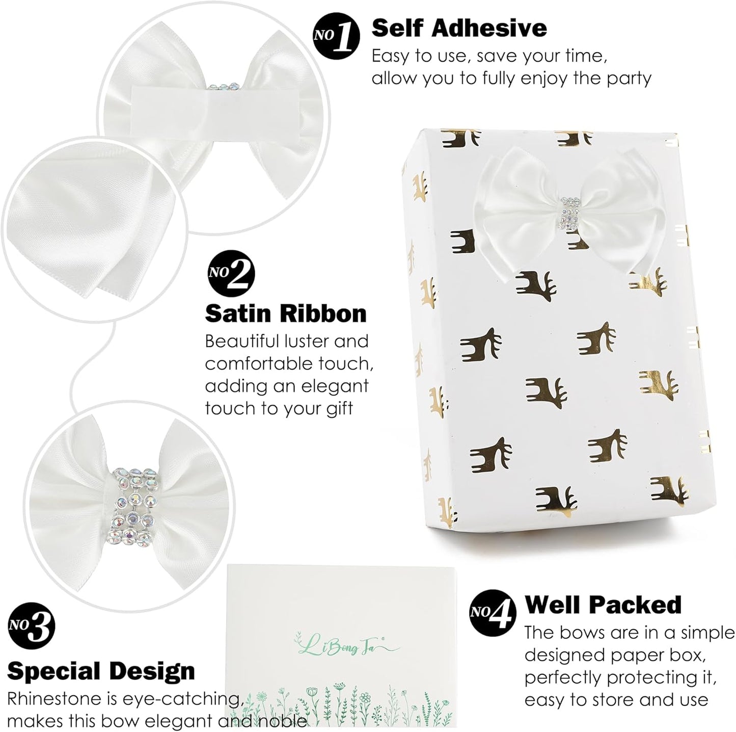 White Satin Bows 4'' Premade White Ribbon Bows, Gift Bows with Rhinestone, Wrapping Bows for Presents, Greeting Cards, Treat Bags, Wine Bottles, Valentines Bows for Gift Wrapping-12 Counts