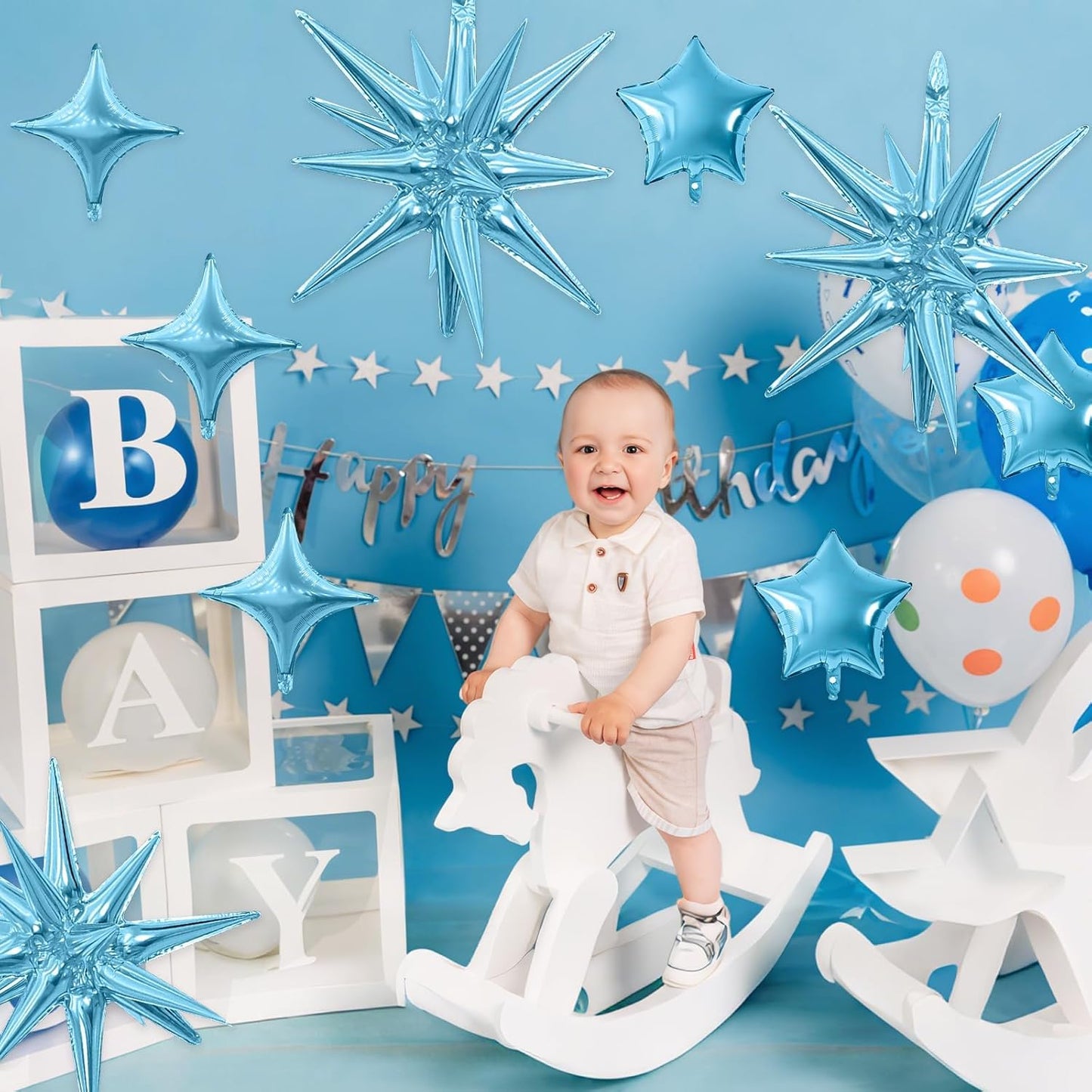 Blue Star Balloon,16Pcs Light Blue Star Foil Balloons Set with 22Inch Explosion Spike Cone Balloons and 10Inch Quadrangle Helium Balloon for Birthday Wedding Baby Shower Party Decorations