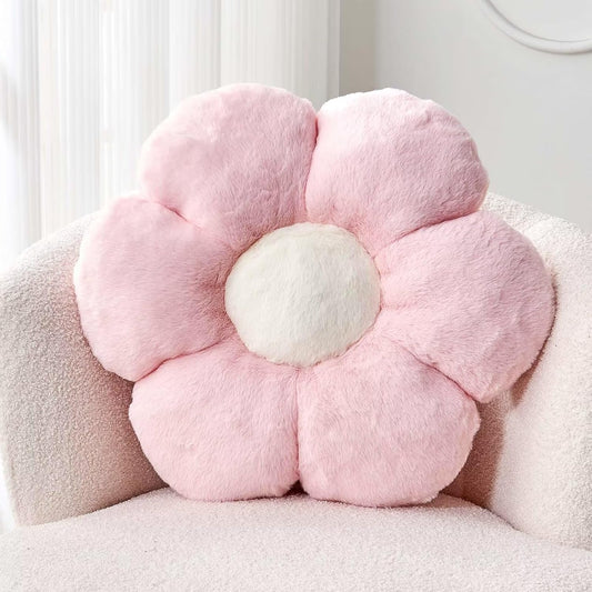 Pink Flower Pillow, Cute Decorative Flower Shaped Throw Pillow with Faux Rabbit Fur, 14.9" Soft Flower Plush Throw Pillow Floor Pillows Room Décor for Bedroom Living Room