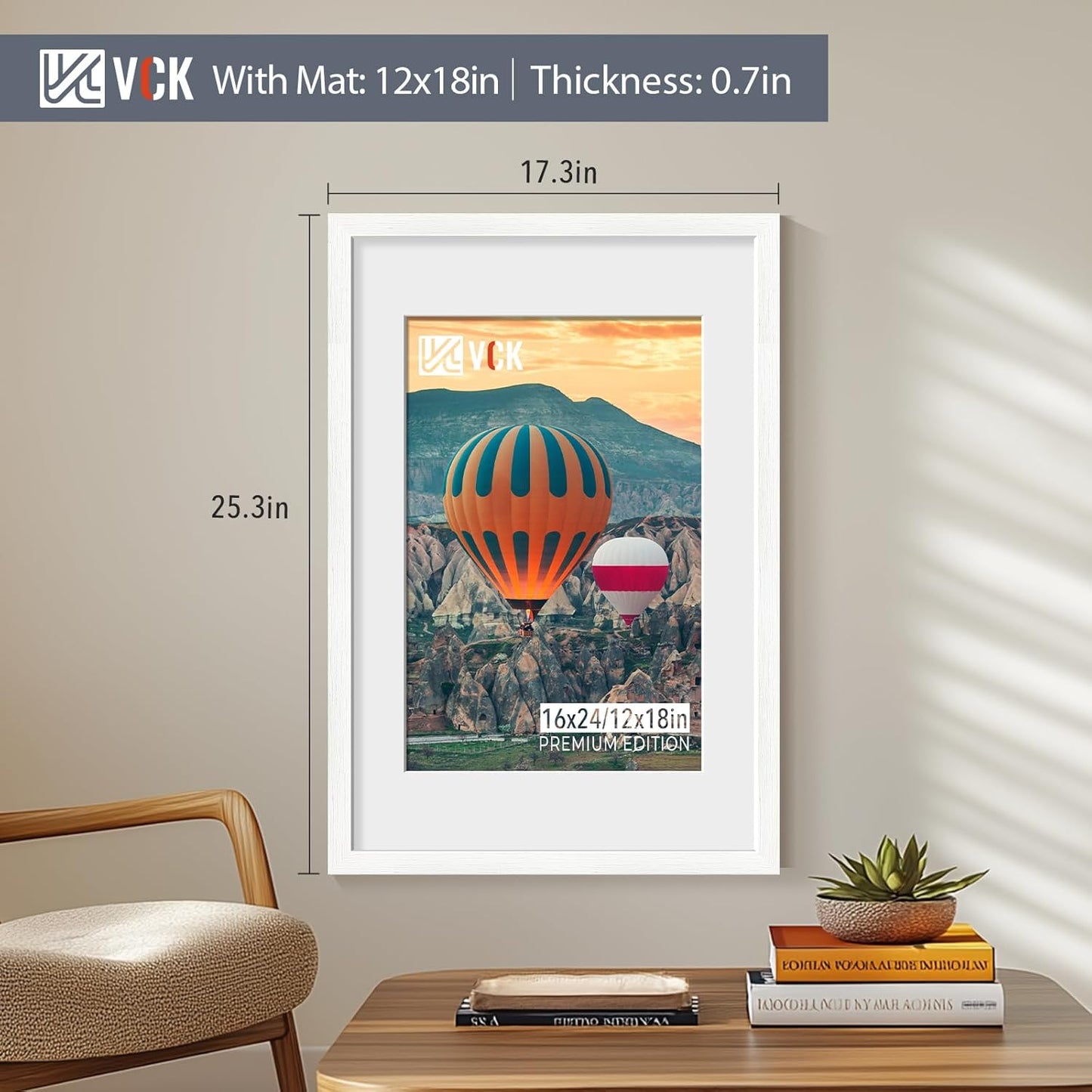 VCK 16x24 Poster Frame 5 Pack, Matted to 12x18 or 16x24 without Mat, Textured Exclusive Solid Wood Picture Frame, White