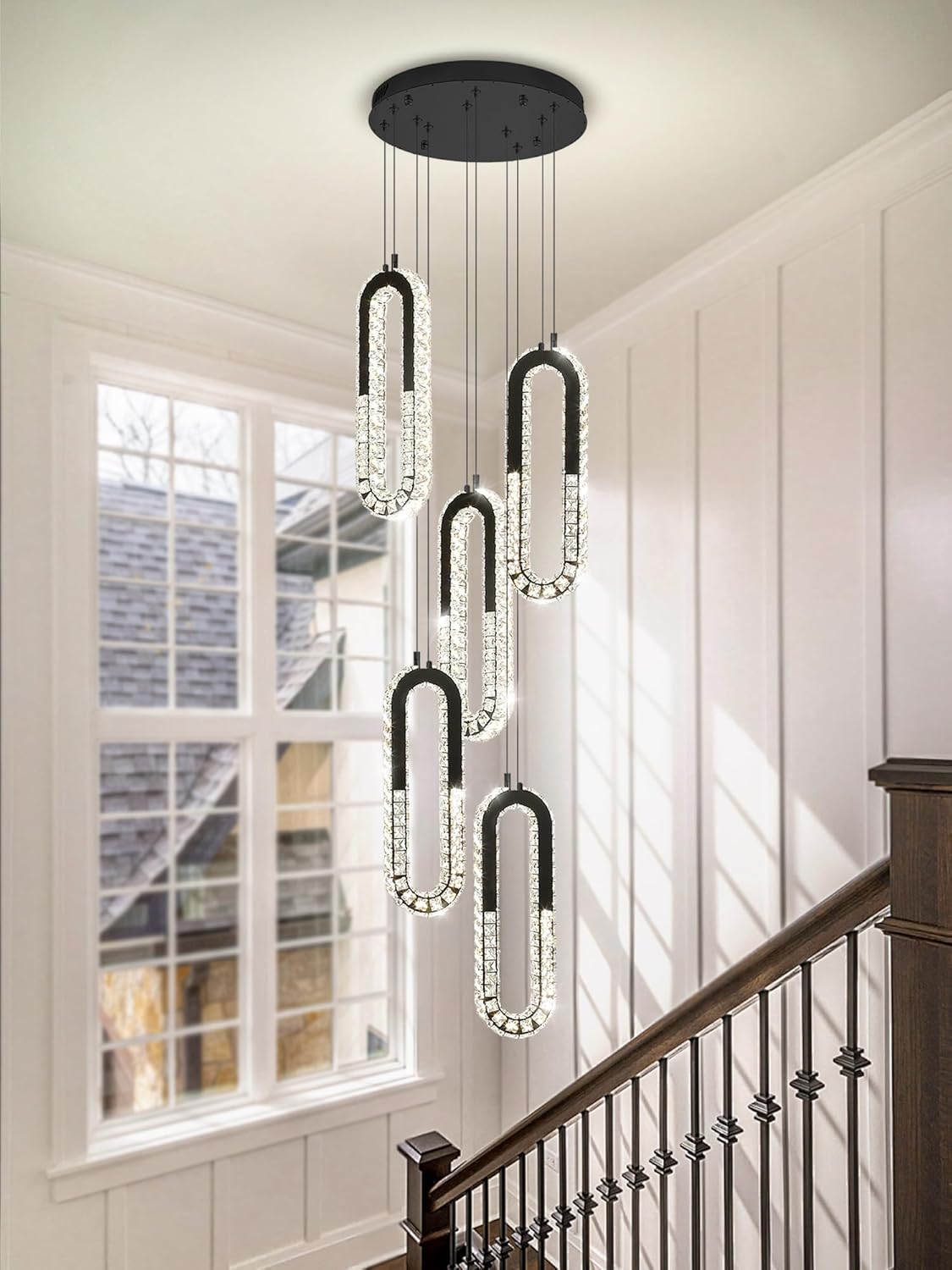 5 Rings Crystal Chandeliers for Staircase Large Pendants Light Fixture Black High Ceiling Chandelier for Entryway Bedroom Foyer 2700K-6000K