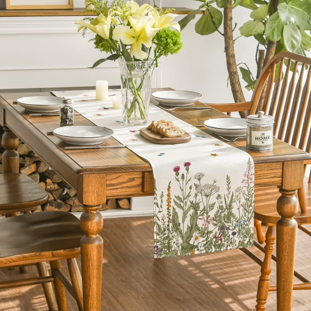 Artoid Mode Antique Herbs and Wild Flowers Summer Table Runner, Spring Fall Kitchen Dining Table Decoration for Home Party 13x48 Inch