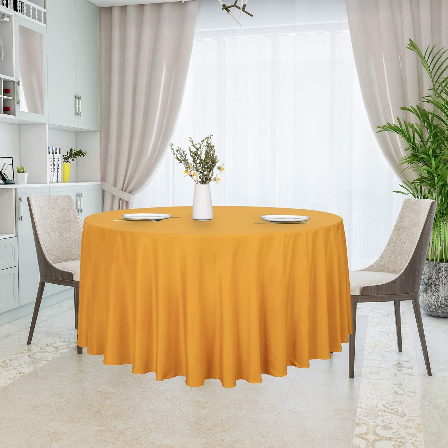 sancua Round Tablecloth - 120 Inch - Water Resistant Spill Proof Washable Polyester Table Cloth Decorative Fabric Table Cover for Dining Tables, Buffet Parties and Camping, Gold