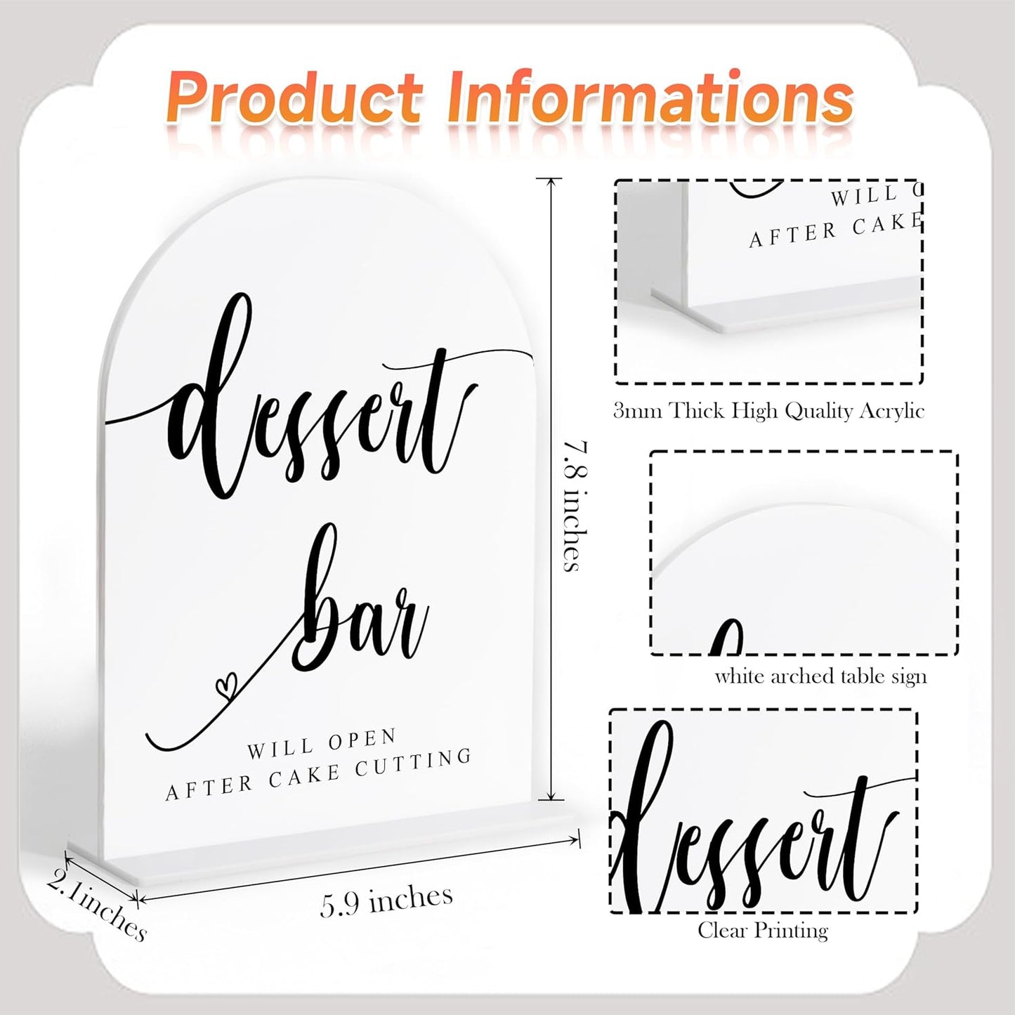 Dessert Bar Sign, White Arch Acrylic Wedding Sign, Dessert Table Decor, Wedding Reception Decorations, Bridal Shower Decor, Centerpiece Table Decorations Party for Bride and Groom-10