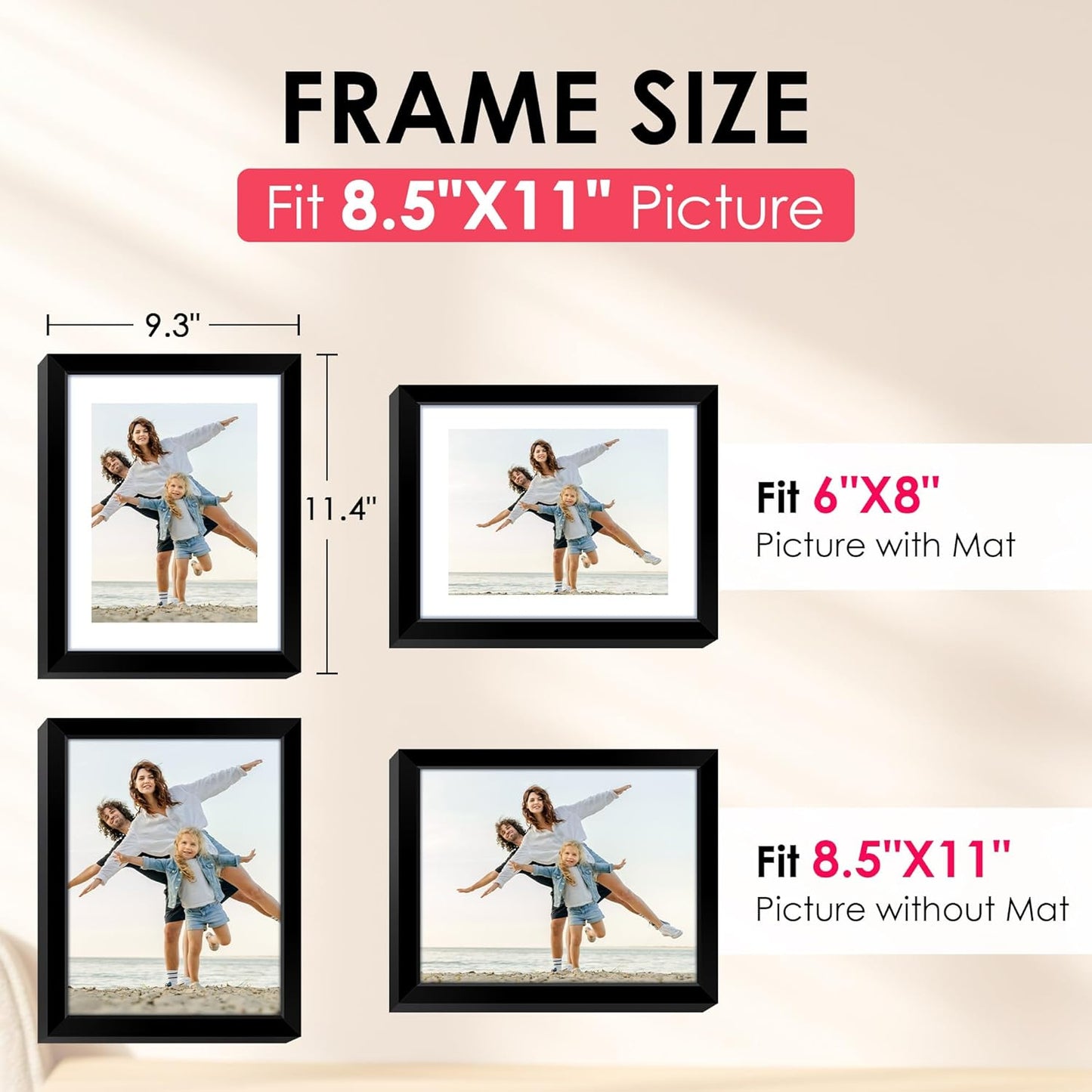 FIXSMITH 8.5x11 Picture Frame, Black Photo Frame with HD Plexiglass, Display Pictures 6x8 with Mat or 8.5x11 Without Mat, Picture Frames Collage for Tabletop or Wall Display, 1 Pack