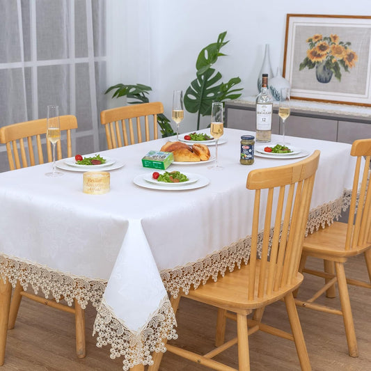 Beige lace Premium Rectangle Farmhouse Tablecloth Waterproof OilProof SpillProof AntiShrink Soft Wrinkle Resistant Decorative Fabric Table Cover Kitchen Dinning Party Wedding Banquet